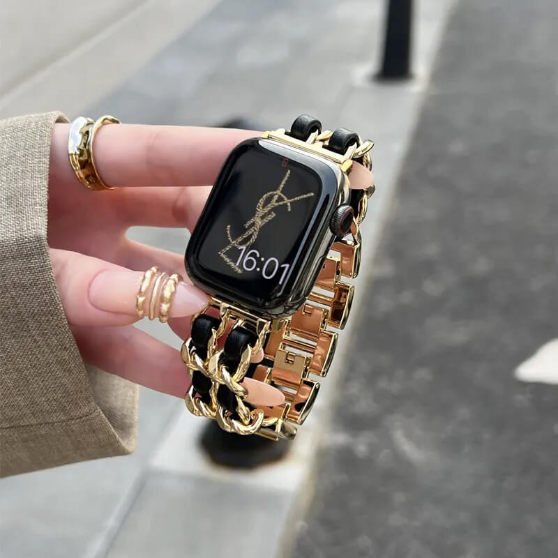 Zweireihiges Gliederarmband mit Lederbezug für Apple Watch