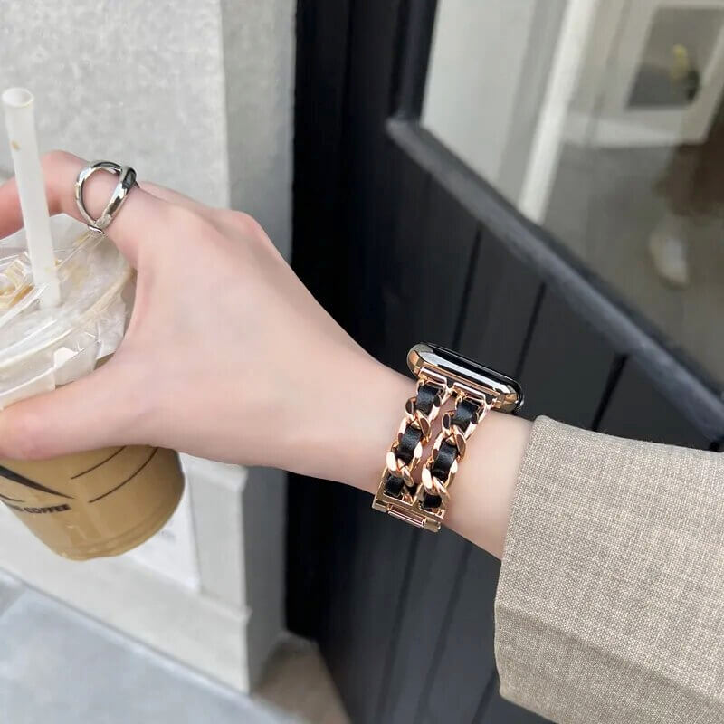 Zweireihiges Gliederarmband mit Lederbezug für Apple Watch