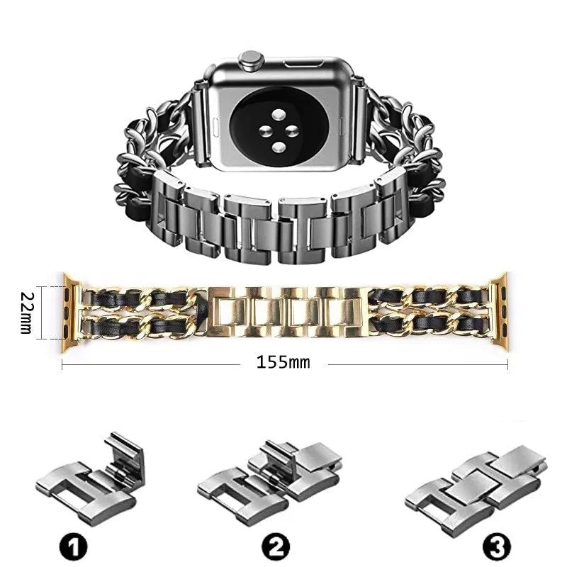 Zweireihiges Gliederarmband mit Lederbezug für Apple Watch