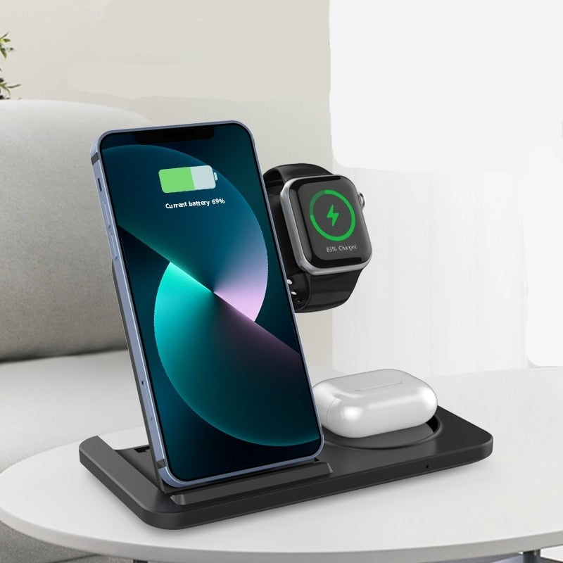 15W Schnelles Kabelloses 3-in-1 Ladegerät Stand Pad für iPhone, AirPods und Apple Watch