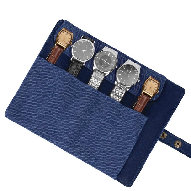 5-Slot-Uhrenrolle aus Nylon-Canvas - Organizer-Tasche für Uhren und Schmuck - mit abnehmbarem Anti-Rutsch-Knopfverschluss