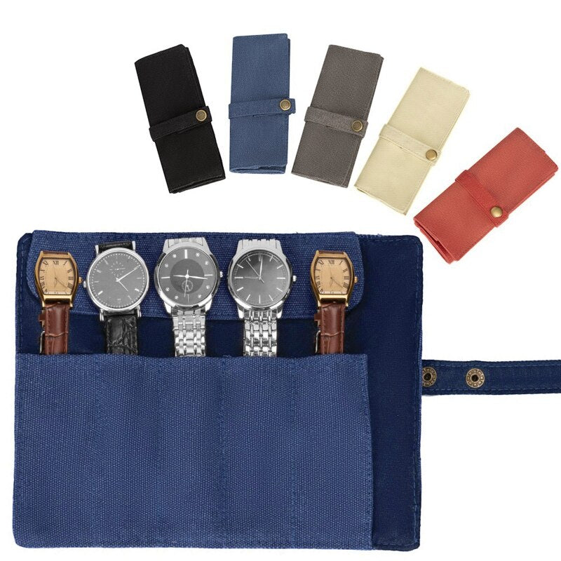 5-Slot-Uhrenrolle aus Nylon-Canvas - Organizer-Tasche für Uhren und Schmuck - mit abnehmbarem Anti-Rutsch-Knopfverschluss