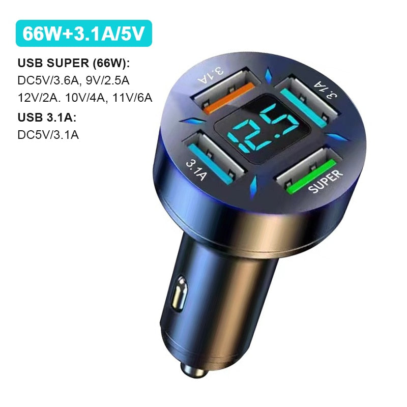 66W Auto Ladegerät mit Quick Charge und 4-Port USB A+USB C Schnellladefunktion für mobile Geräte